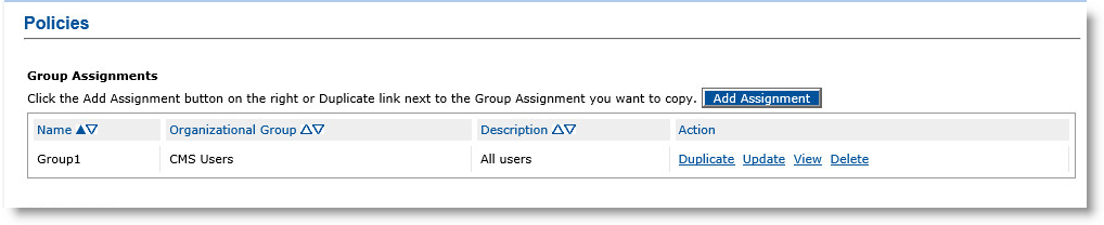 Policies section of Configuration tab displaying Group Assignments info with an Add Assignment button